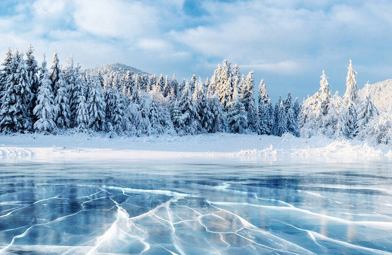 How to take an ice bath: frozen cracked ice on a lake in a snow-covered forest