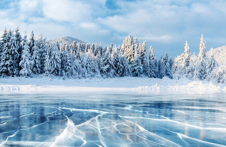 How to take an ice bath: frozen cracked ice on a lake in a snow-covered forest