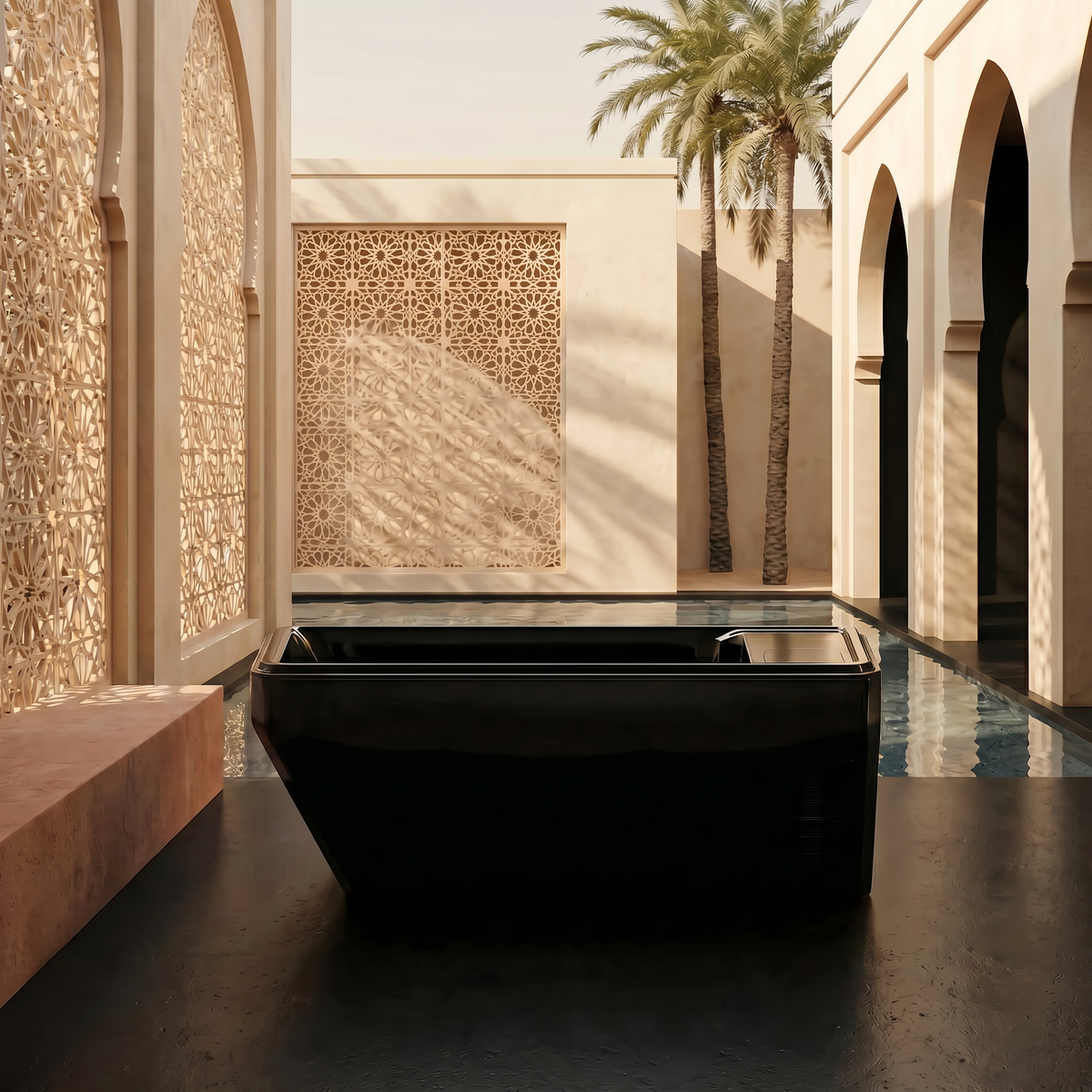 The Apex Plunge lifestyle — all-in-one cold and hot plunge tub with LED lighting