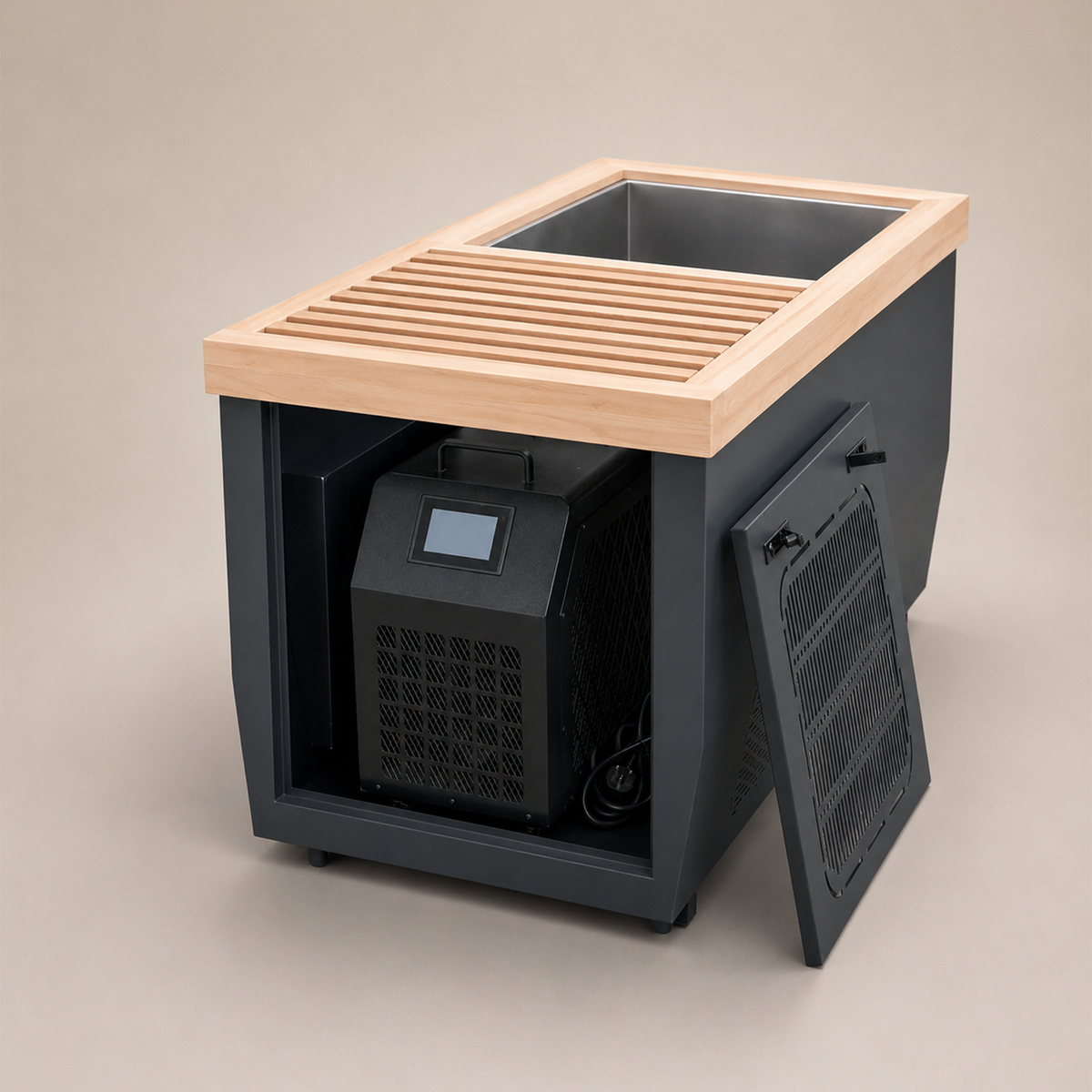 The Ascent cold plunge tub back view — integrated Polar Elite chiller, WiFi controlled