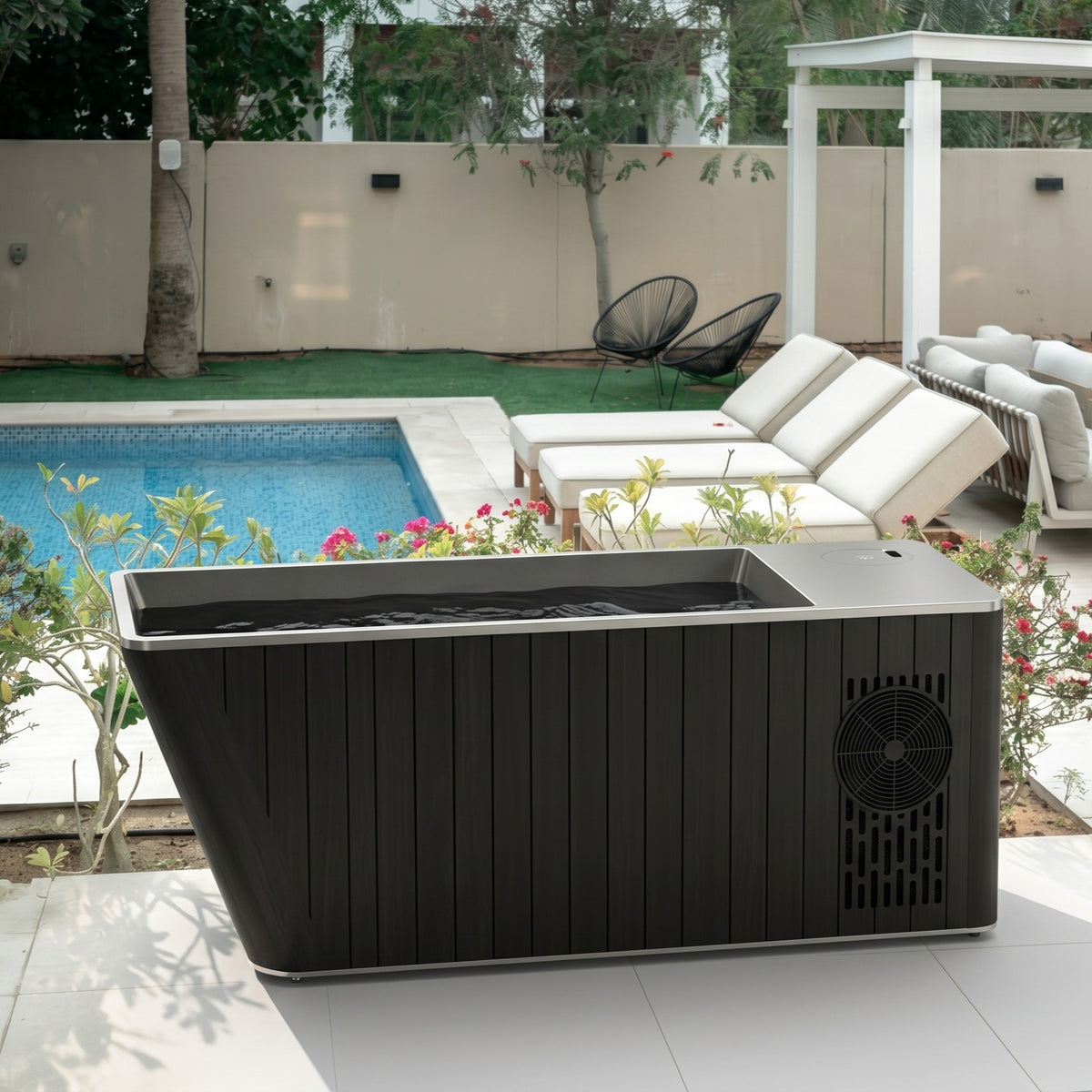 Forge Recovery Obsidian Plunge — luxury stainless steel all-in-one cold plunge tub with wood surround, UAE