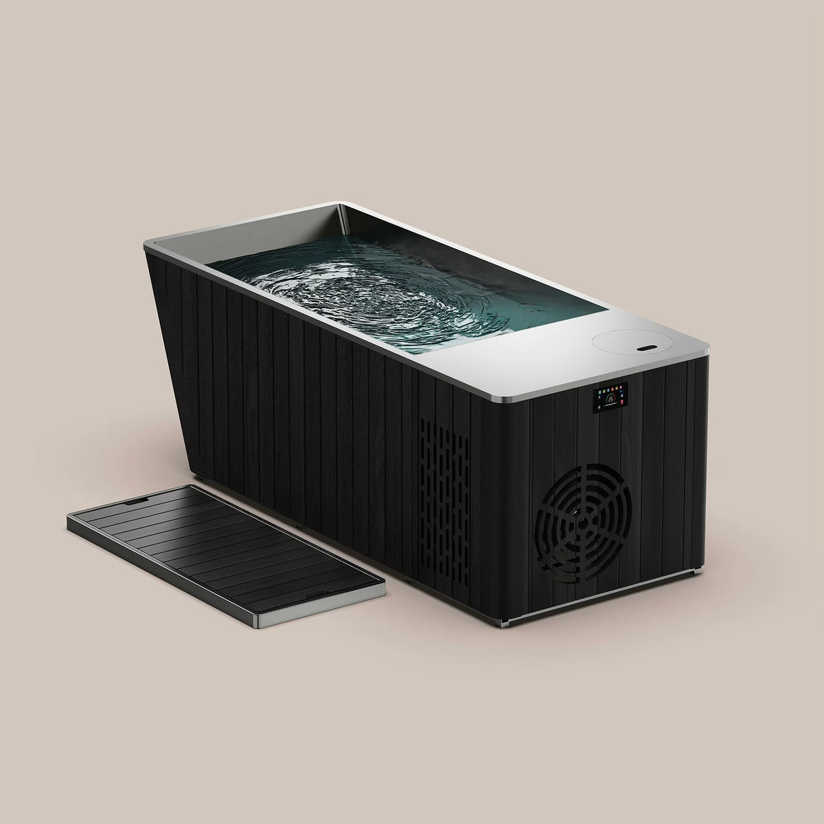 The Obsidian Plunge — 304 stainless steel cold plunge tub front view with WPC wood composite skirt
