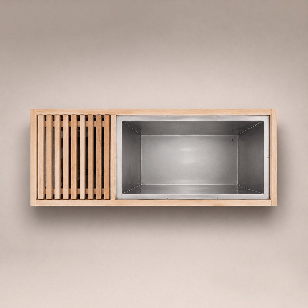 The Ascent cold plunge tub top view — 304 stainless steel frame with natural wood interior